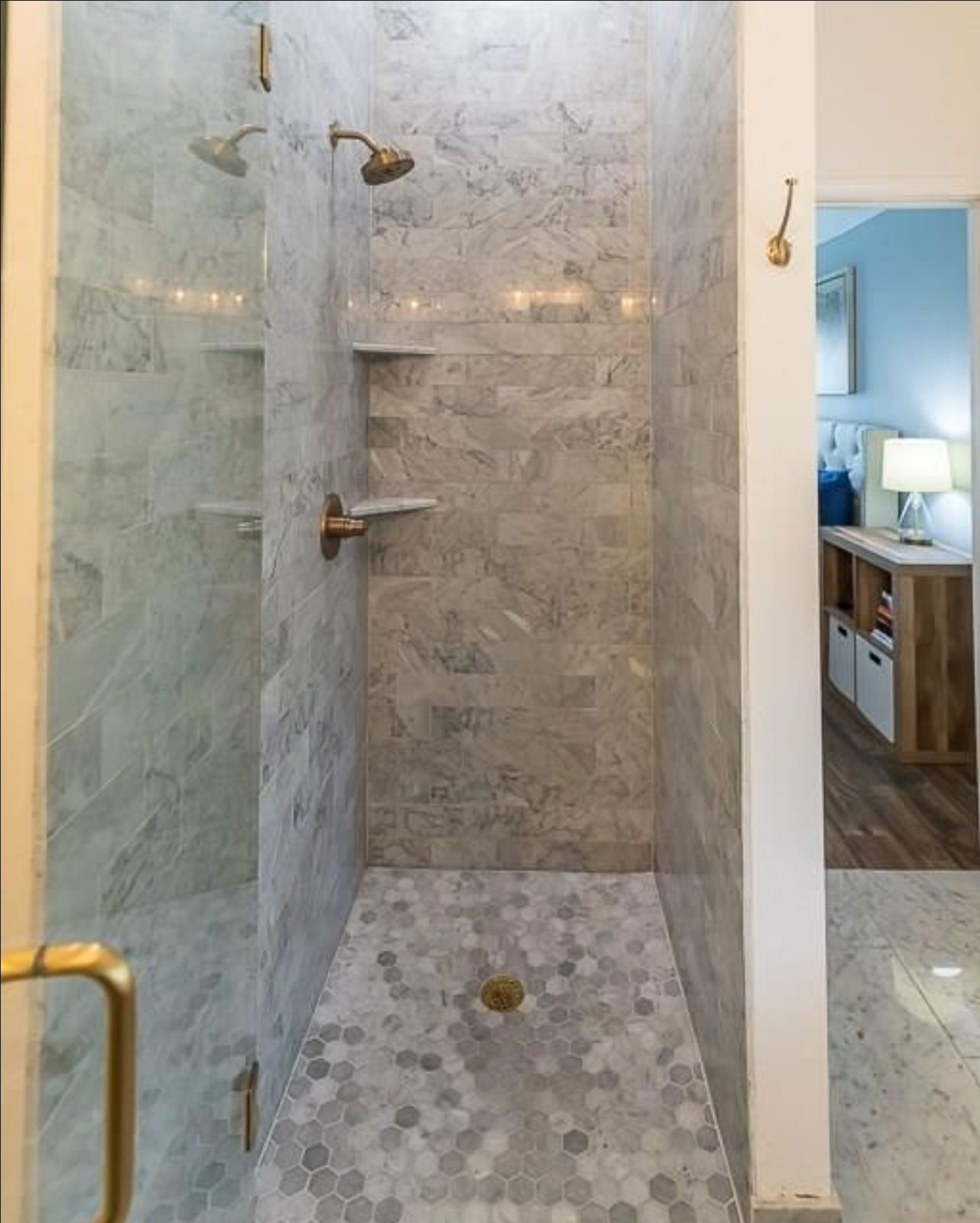 Remodeled bathroom with tiled walk-in shower in College Station, Texas